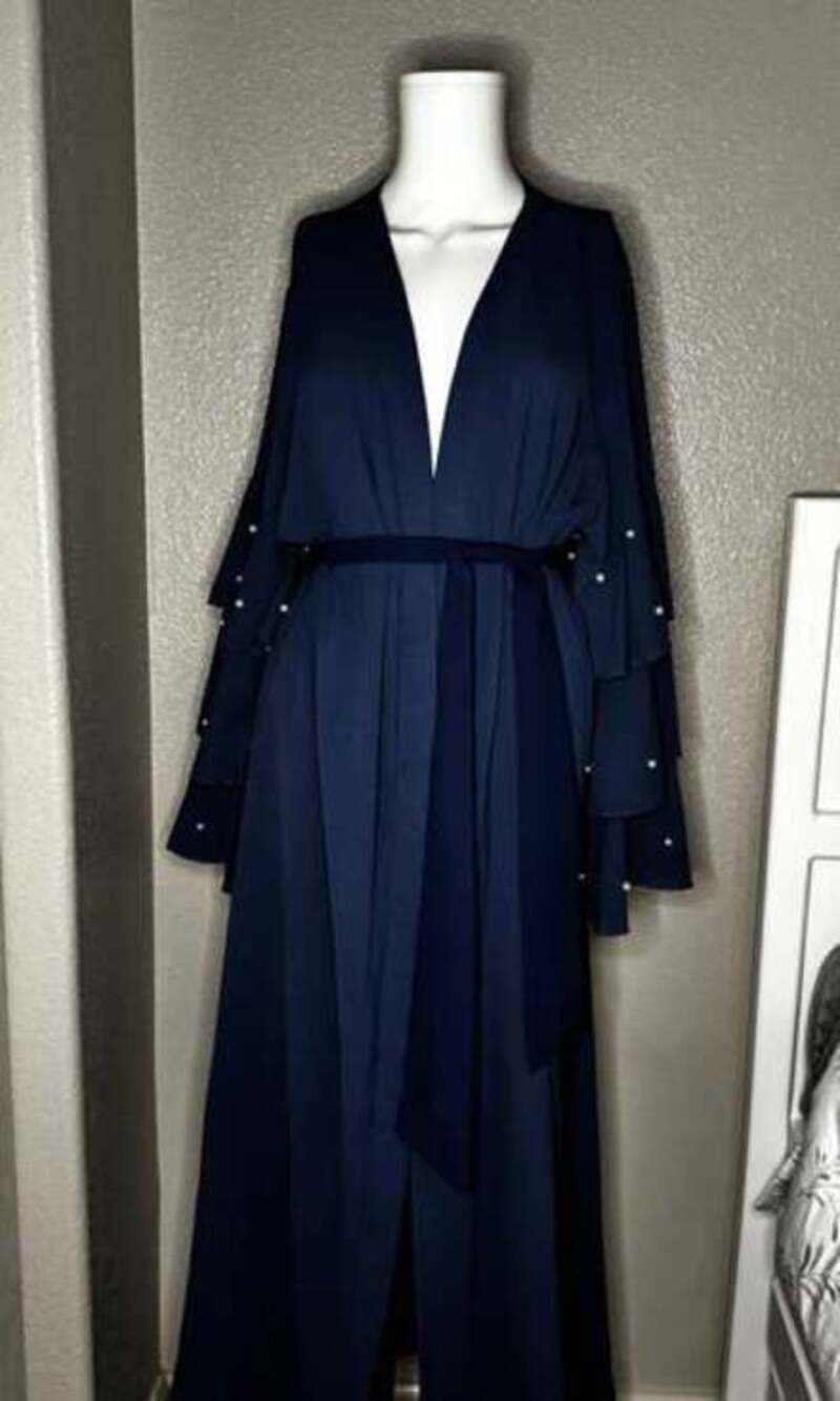 Pearl Beading Layered Sleeve Belted Abaya -SheIn(Sheinside)